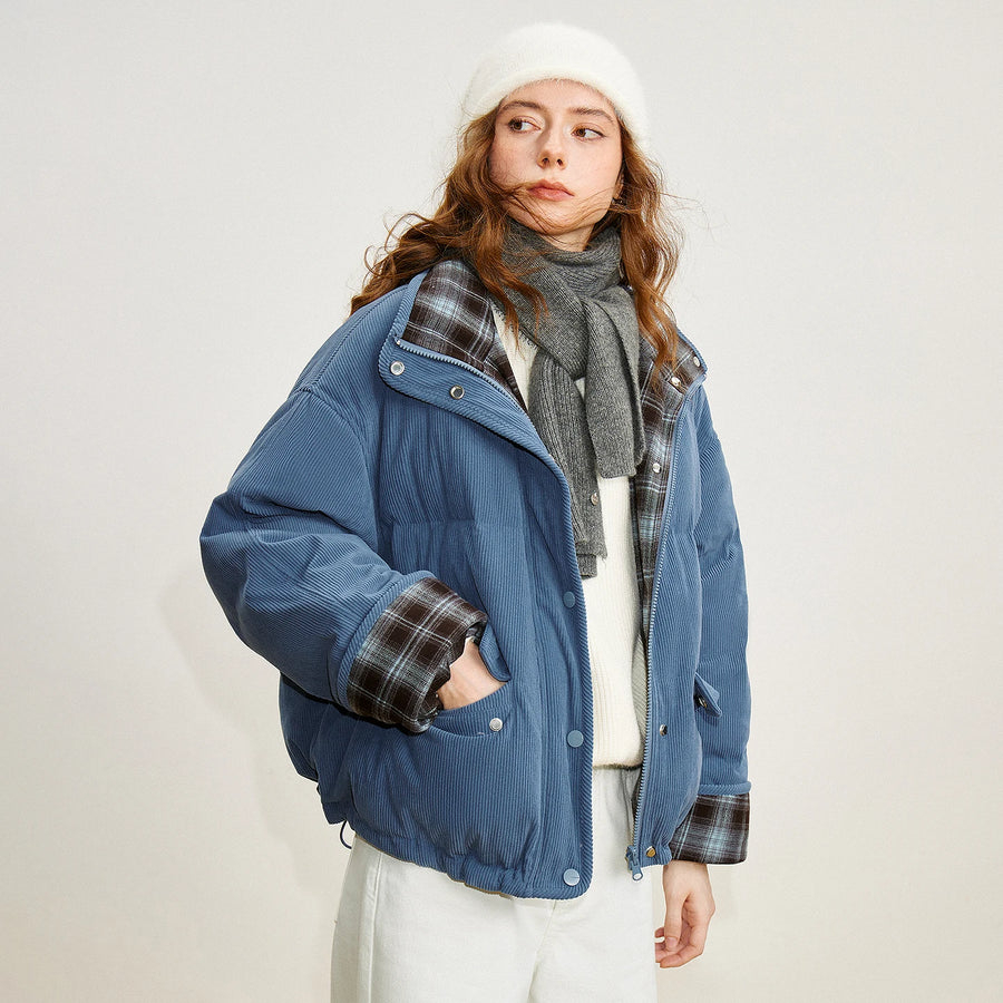 Jaqueta Puffer Feminina 90% Plumas Xadrez e Cotelê