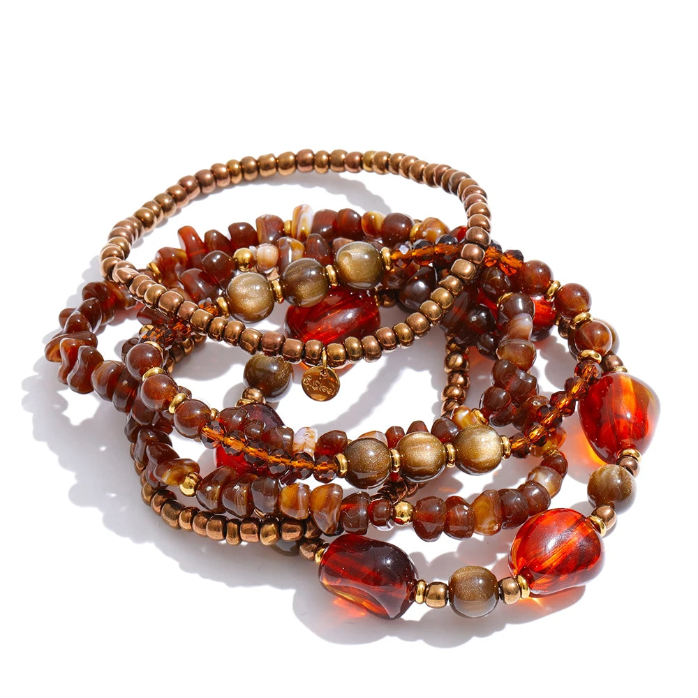 Yhpup Waterproof 2025 Handmade Beads Bohemia Jewelry Autumn Winter Stainless Steel Layered Resin Chain Bib Statement Necklace Bracelet Amber