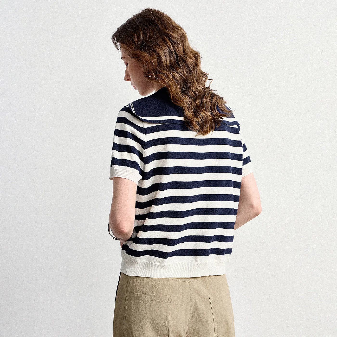 Blusa Feminina de Tricô Ice Silk Listrada Estilo Náutico