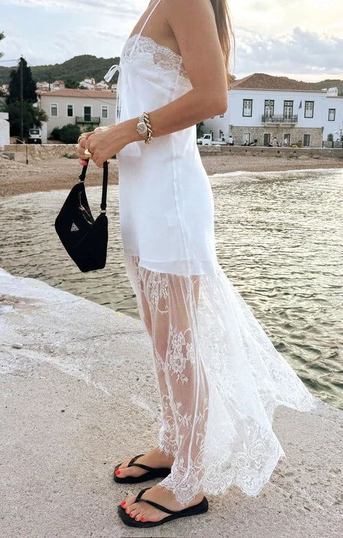 Sexy Lace Patchwork Long Dress Elegant Women's Satin Bow Casual Maxi Dresses White Summer Beach Trip Vacation Holiday 2026 New