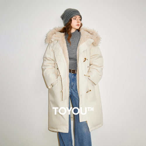 Casaco Puffer Feminino Midi com Capuz e Gola de Pelo Cinza