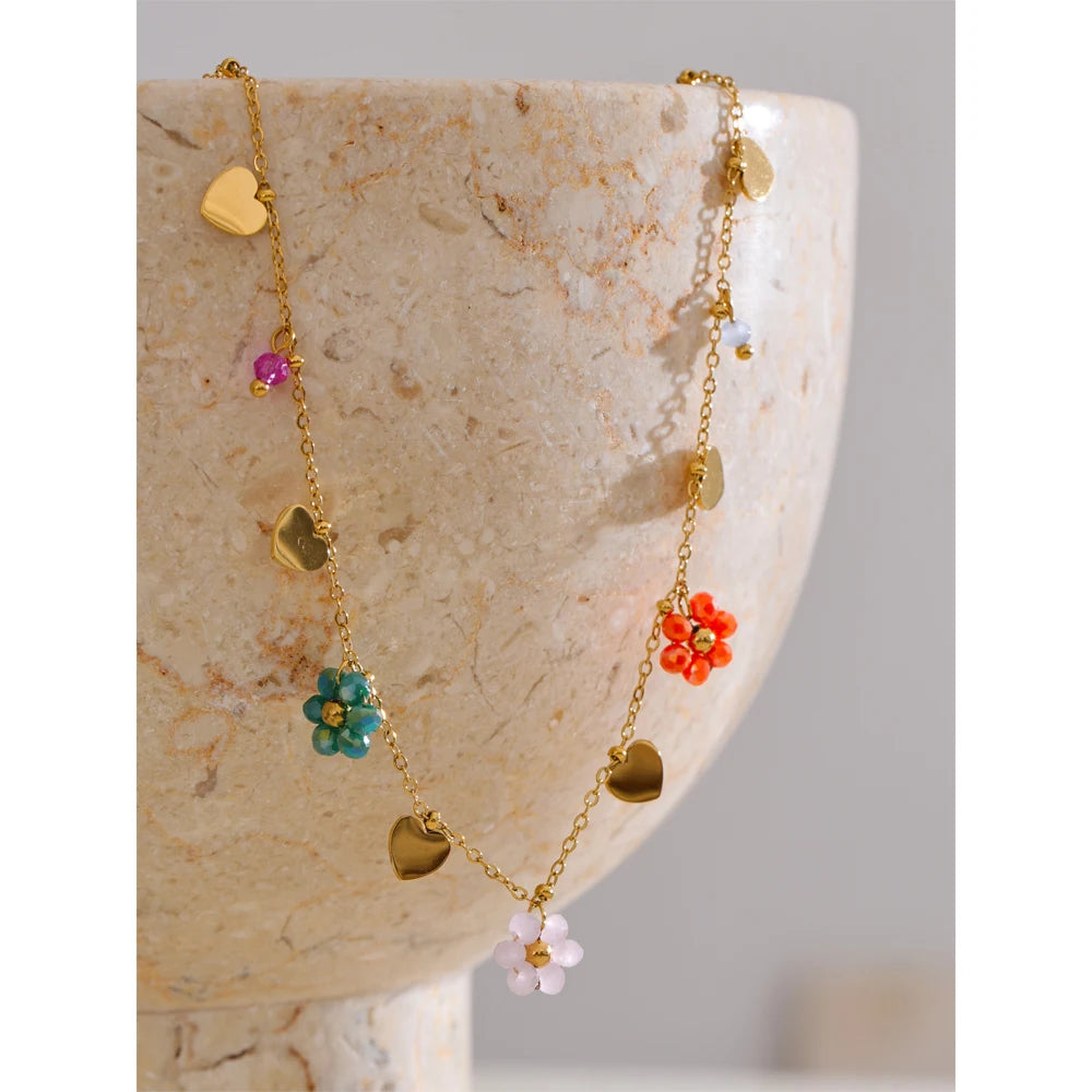 Colar Feminino Flor com Cristal em Aço Inoxidável