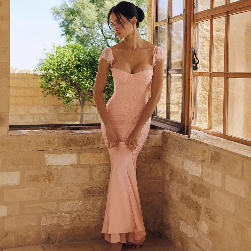 Vestido Longo Feminino Sereia com Franzidos e Alça de Tule