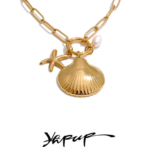 Yhpup Ocean Style Starfish Shell Natural Pearl Pendant Necklace Stainless Steel Summer Beach Fashion Jewelry Accessories Gift