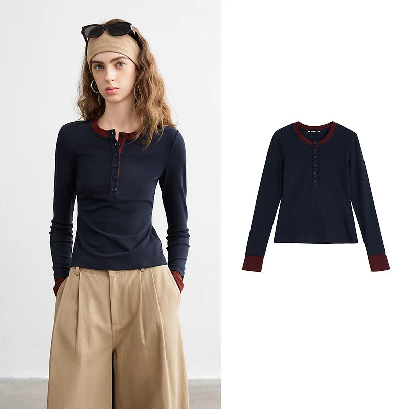Blusa Feminina Color Block Efeito Duas Peças Manga Longa