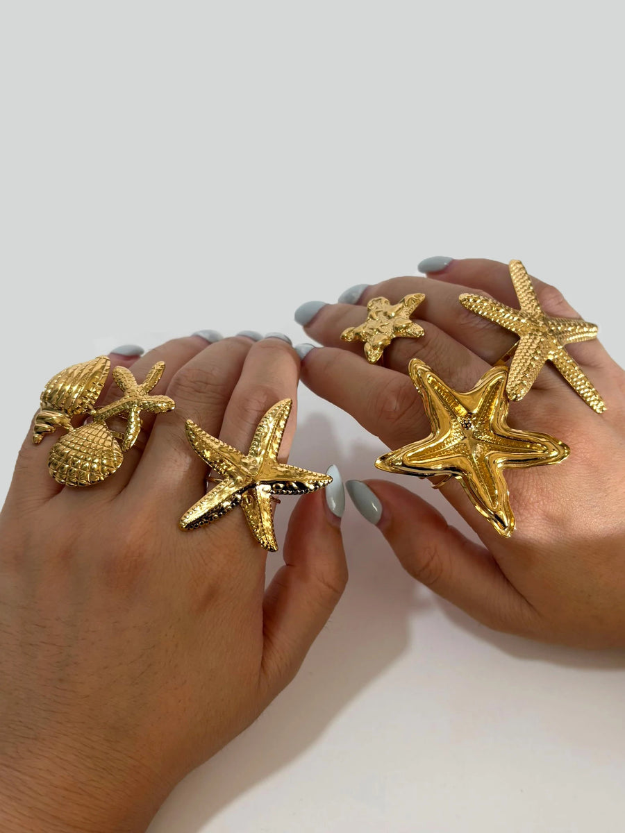 Anel Aberto Estrela-do-Mar e Concha com Banho Ouro 18K