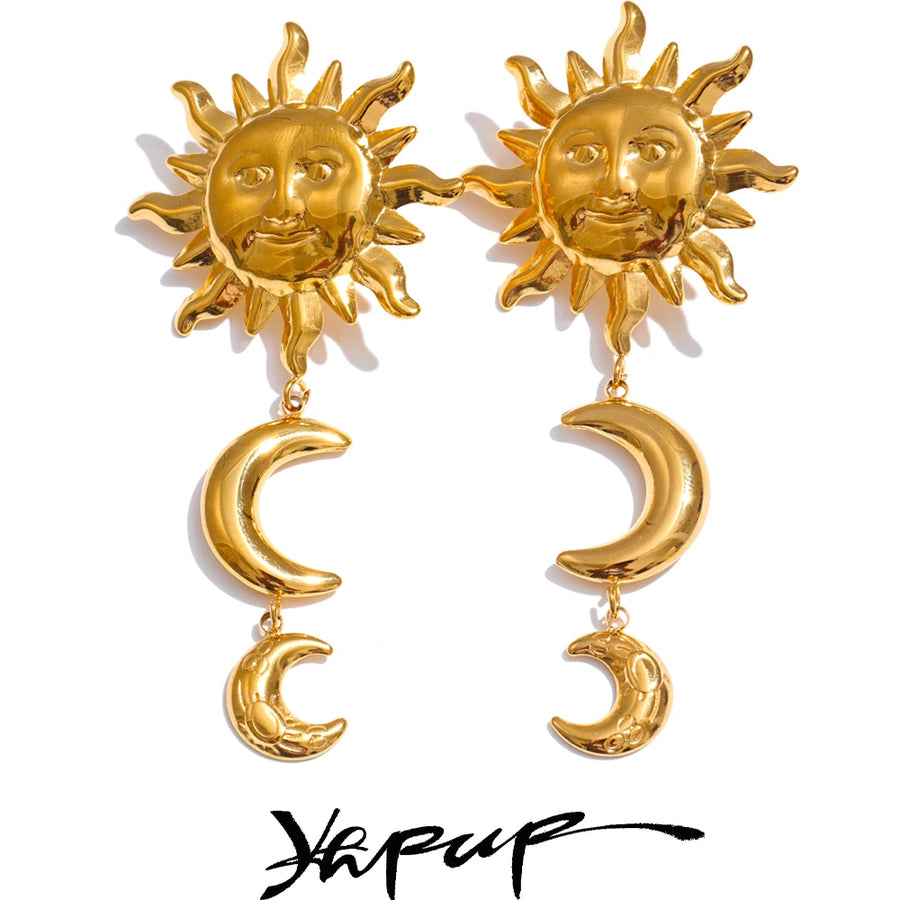 Yhpup Hot Style Stainless Steel Sun Moon Dangle Earrings for All Occasions 18K Golden Plated Trending Daily Jewelry New