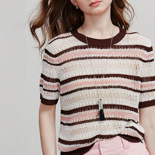 Blusa de Tricô Listrada Manga Curta e Vazada