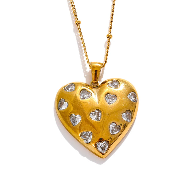Yhpup Shiny Cubic Zirconia Heart Love Golden Necklace Pendant 316L Stainless Steel Romantic Premium Jewelry Waterproof YH485A