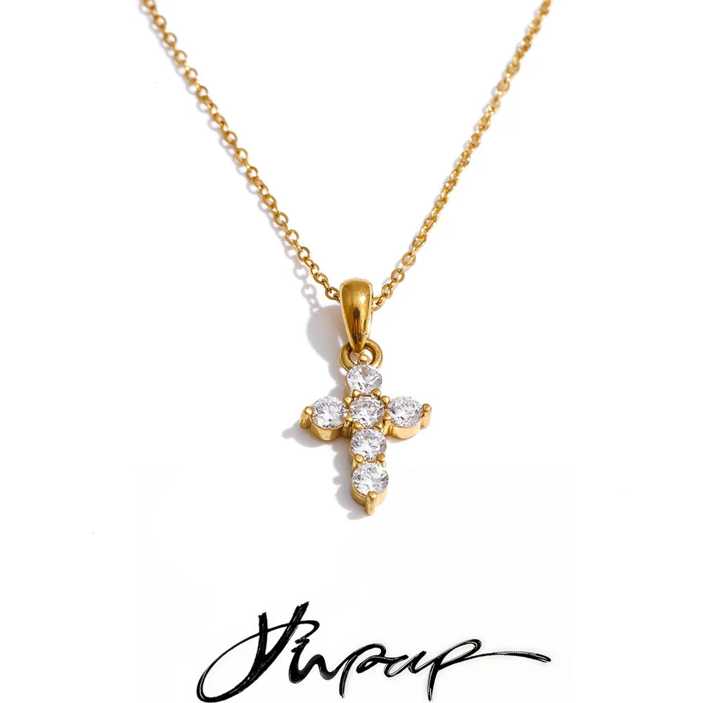 Yhpup High Quality Shiny CNC Cubic Zirconia Cross Pendant Necklace Gift Gold & Platinum Plated Delicate Fashion Collar Jewelry