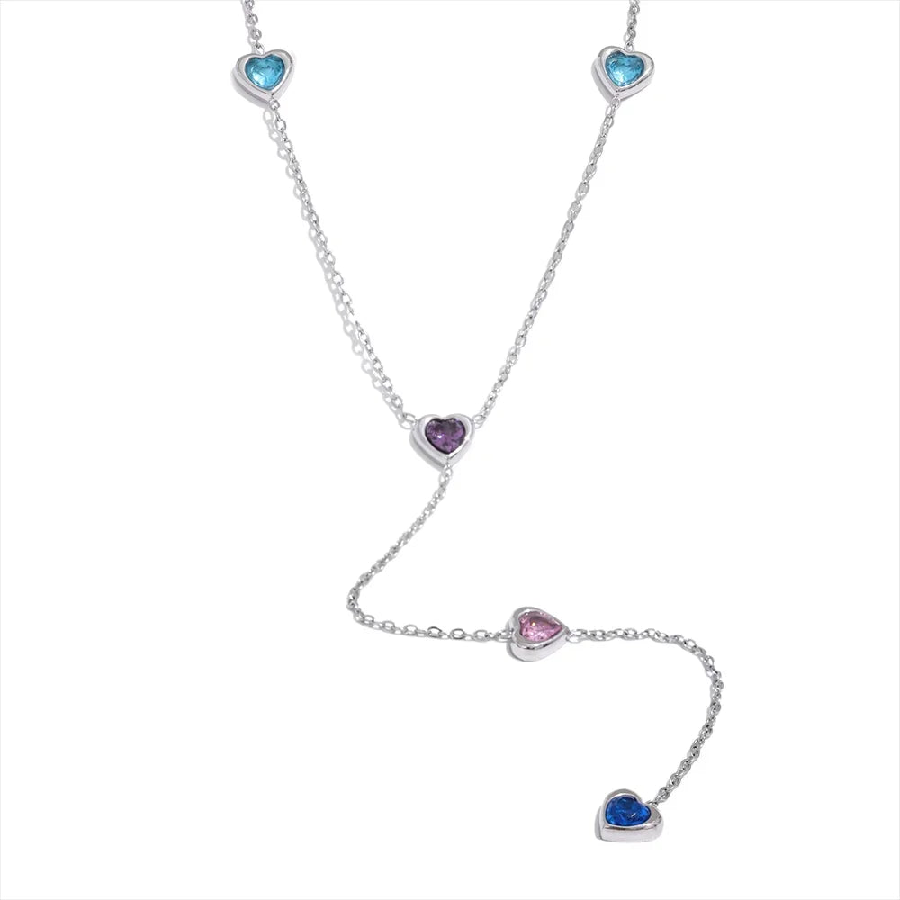 Colar Feminino Coração com Zircônias Coloridas em Aço Inoxidável Prata