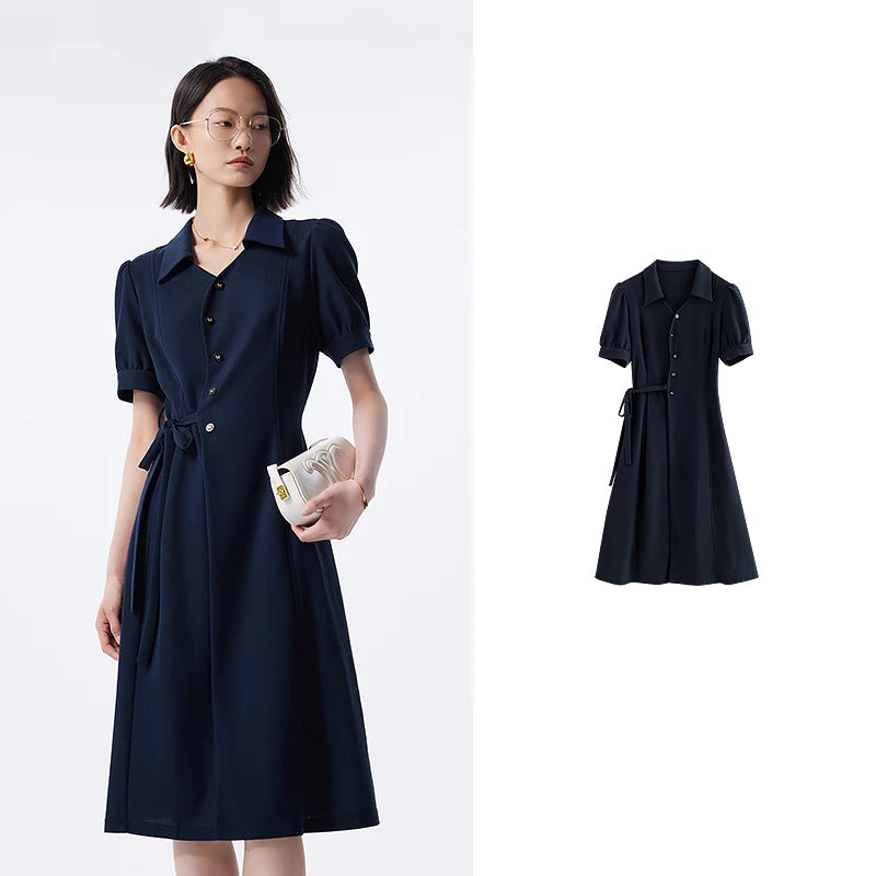 Vestido Chemise Midi Azul-Marinho com Cinto Navy Bule