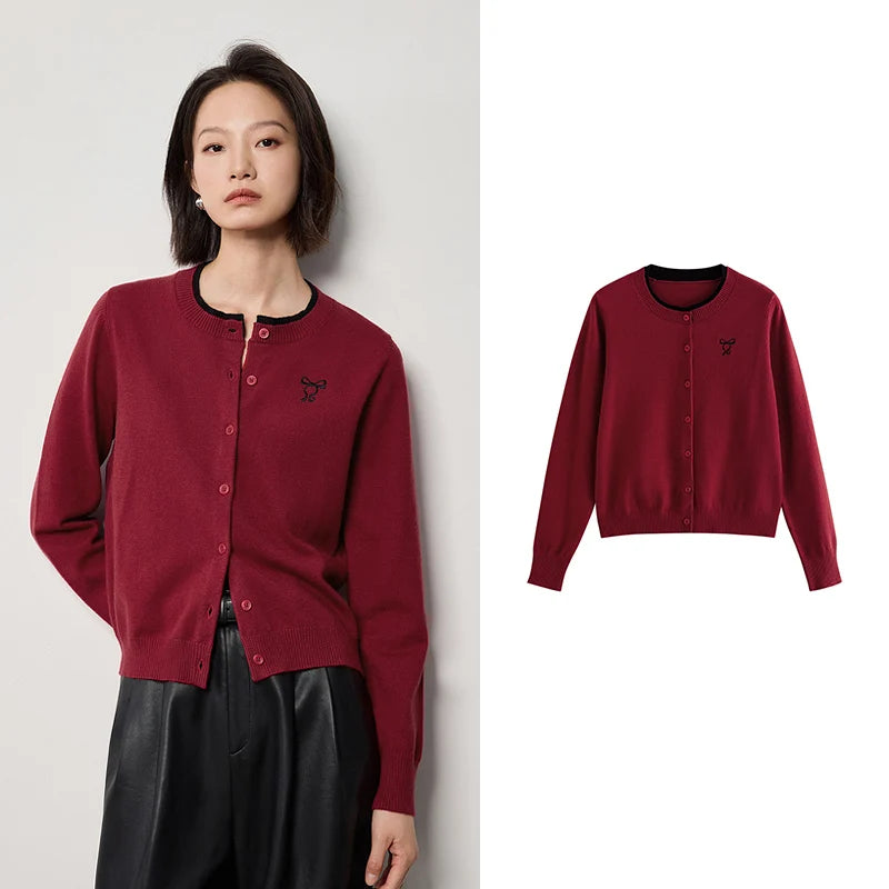 Cardigan Feminino Bordado com Laço e Gola Redonda