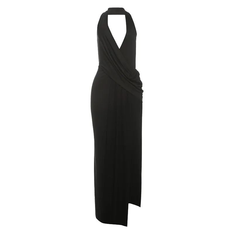 Vestido Longo Feminino Frente Única com Drapeado e Fenda Black