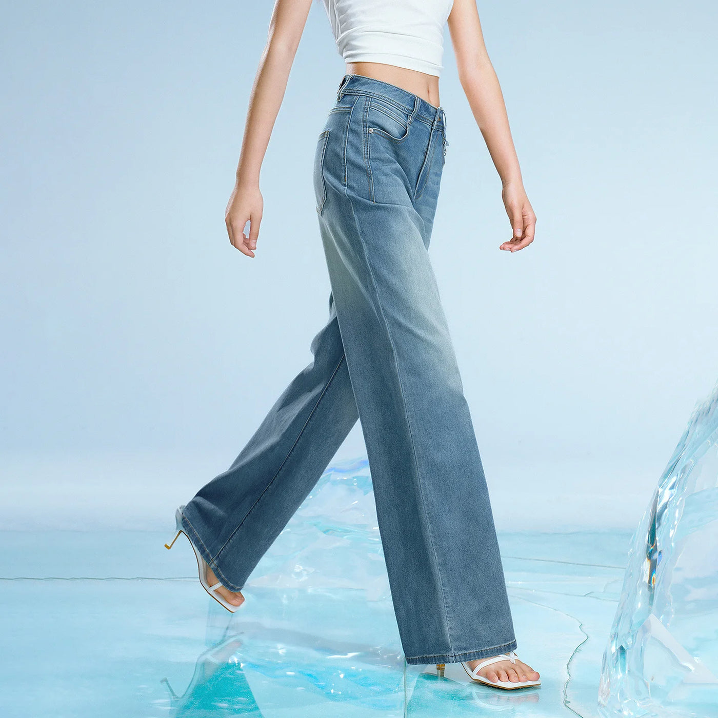Calça Jeans Feminina Wide Leg Leve com Elastano