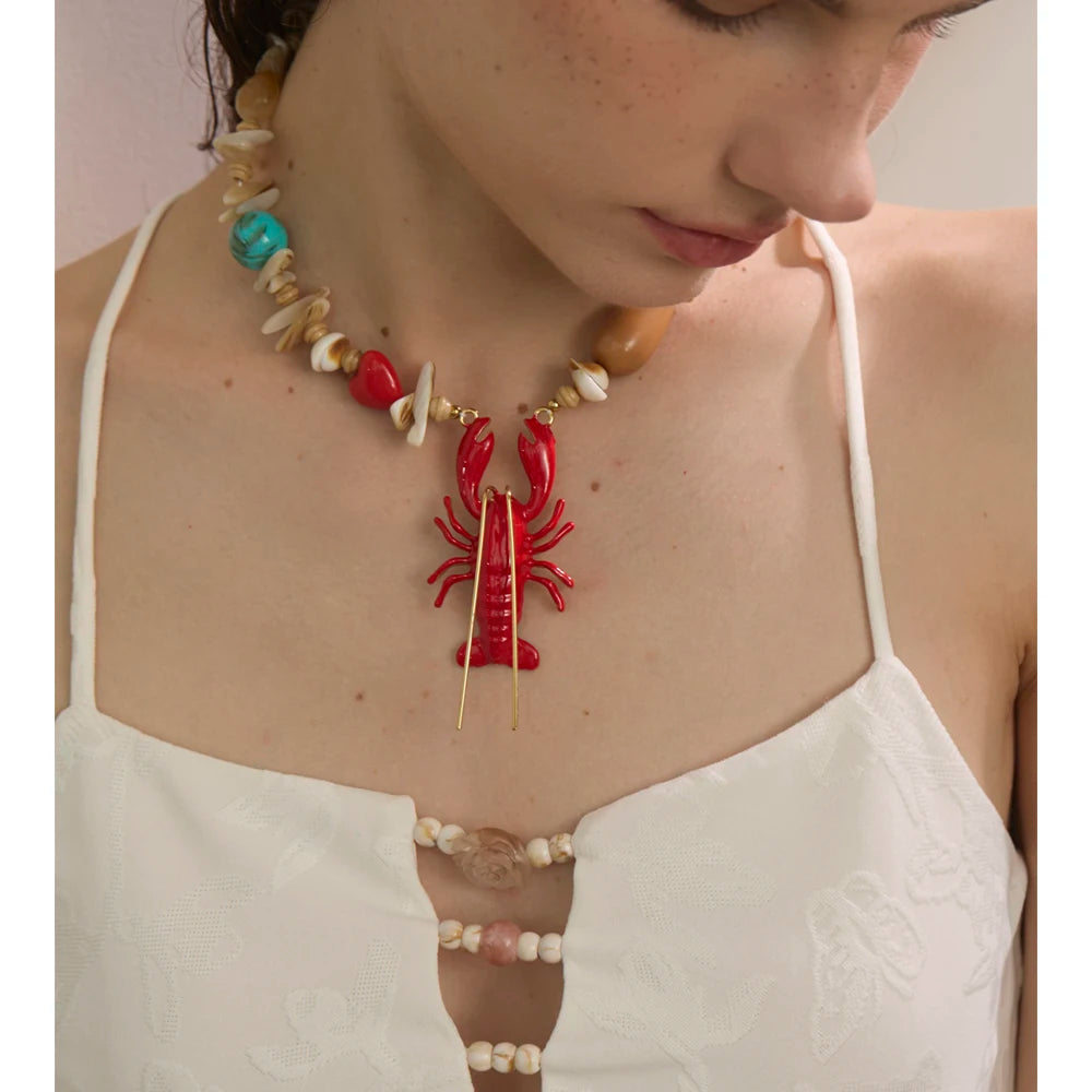 Yhpup Attractive Unique Ocean Shell Stone Handmade Lobster Crayfish Pendant Necklace Summer Charm Collar Statement PVD Jewelry