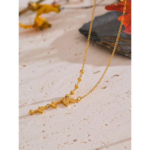Yhpup Stainless Steel Butterfly Popular Necklace Pendant 18K Gold Color Plated Beads Chain Fashion Collar Jewelry