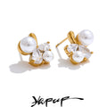 Yhpup Smooth Pearl Bling Cubic Zirconia Flower Delicate Stud Earrings Tarnish Resistant Stainless Steel Chic Sweet Jewelry Gift