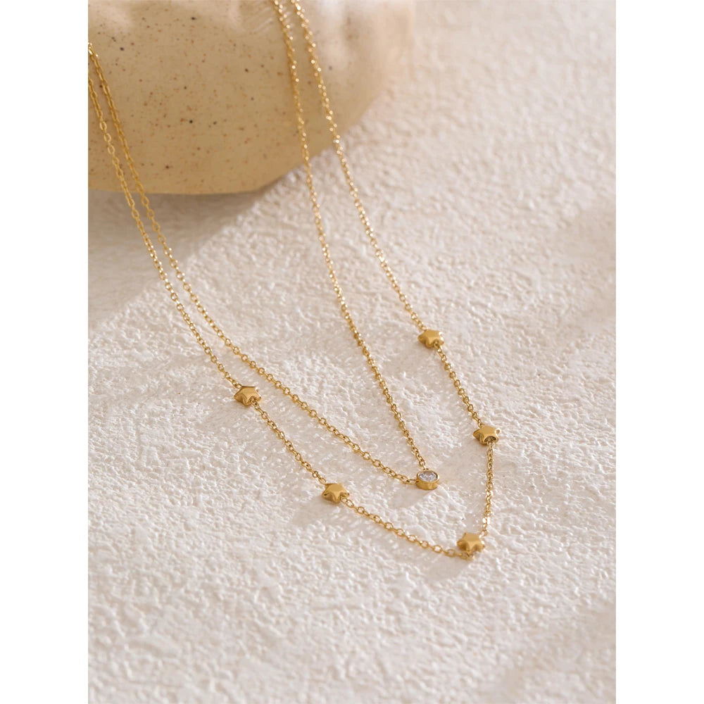 Colar Feminino de Camadas Estrela com Zircônia em Aço Inoxidável