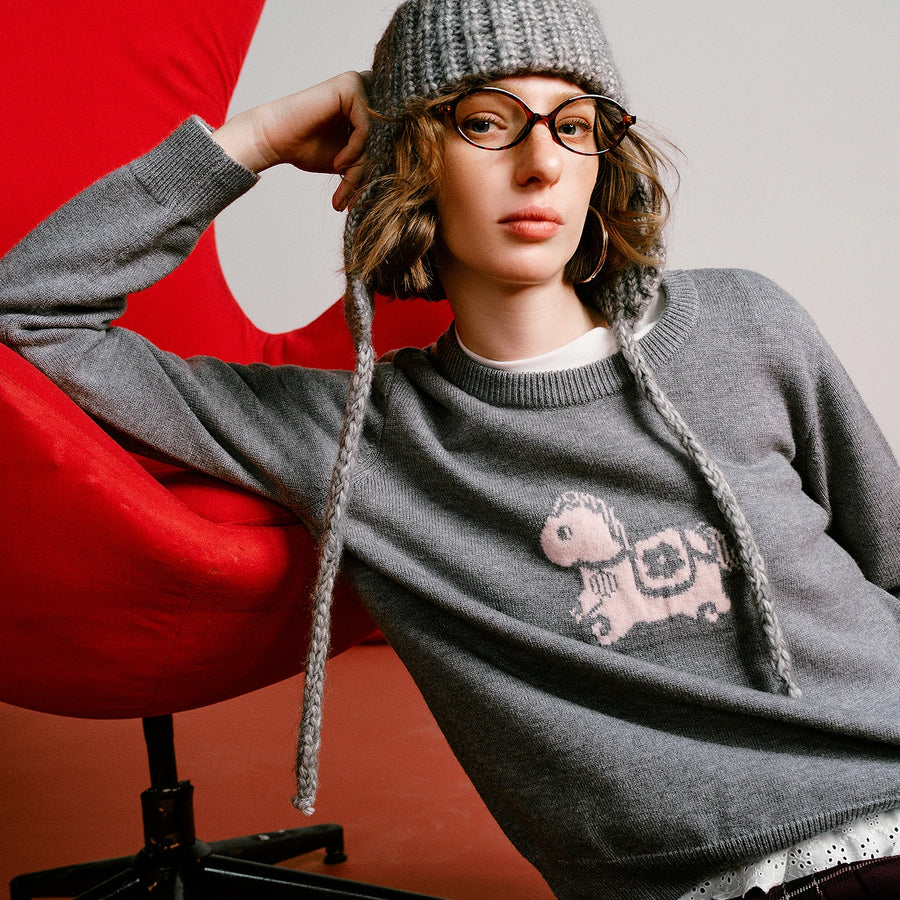Suéter Feminino Jacquard de Cavalo com Gola Redonda