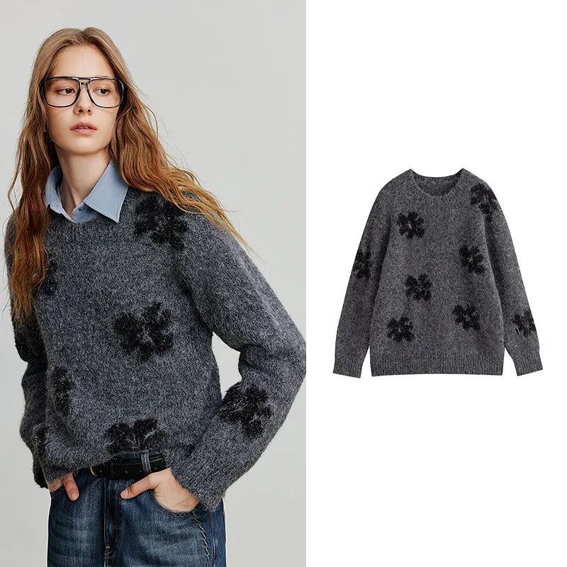 Suéter com Jacquard Floral e Gola Redonda