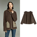 Casaco Feminino de Fleece com Capuz e Bolsos Brown