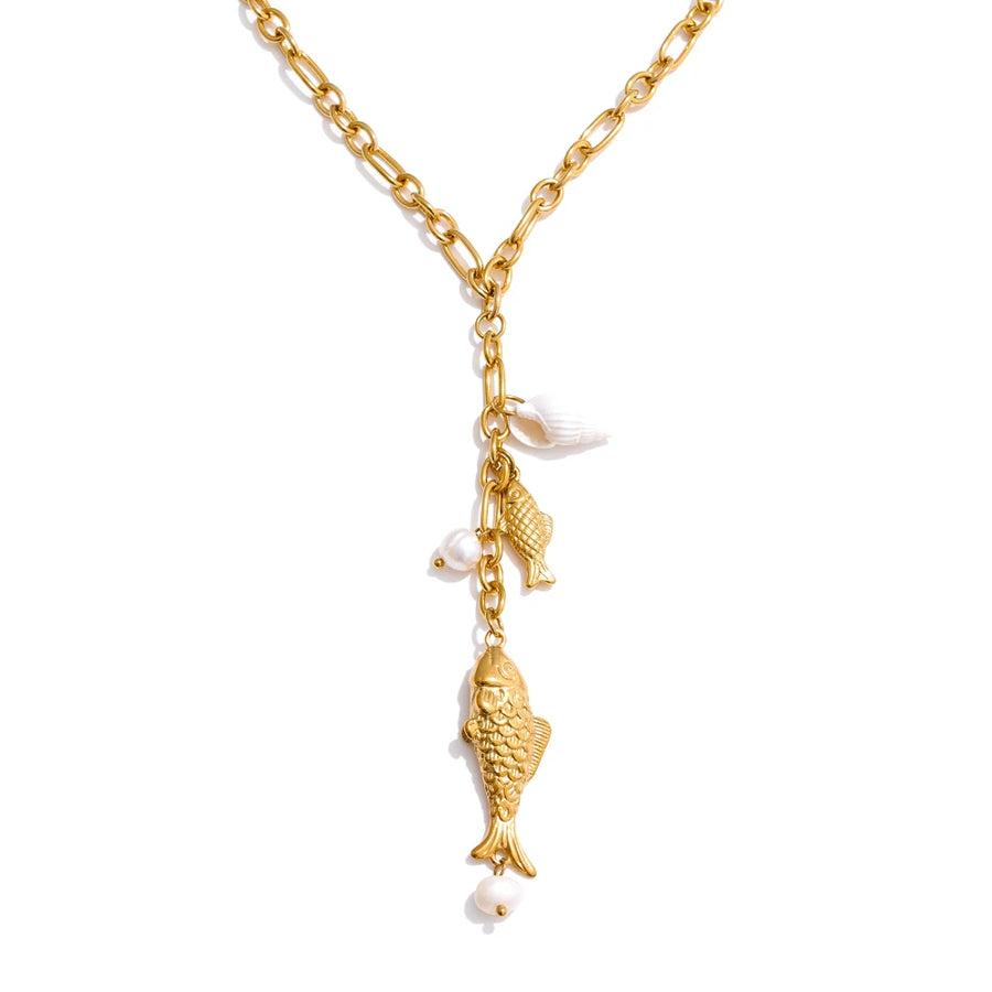Yhpup Natural Pearls Shell Fish Pendant Chain Necklace 18K Golden PVD Plated Fashion Stainless Steel Charm Waterproof Jewelry YH188A