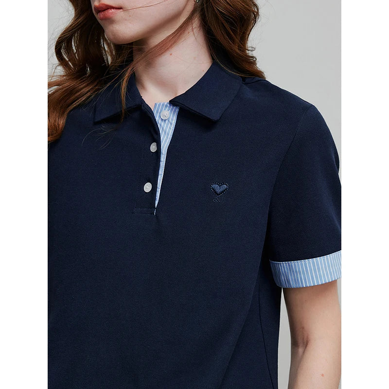 Camiseta Polo Feminina Listrada Color Block em Piquet