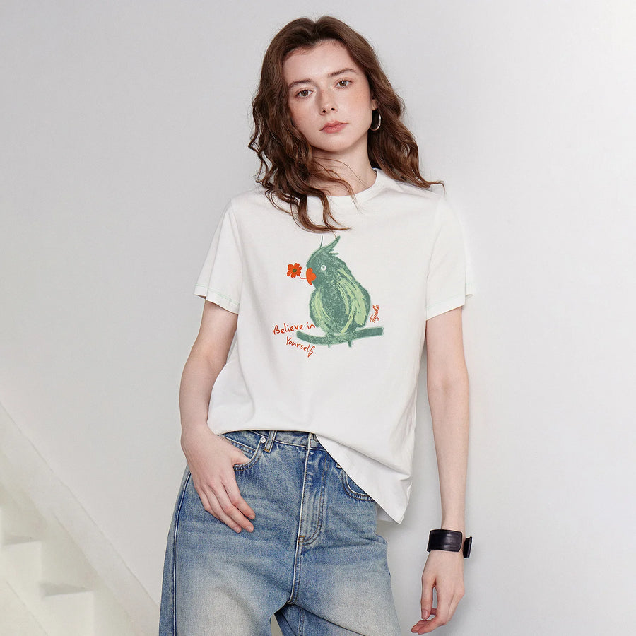 Camiseta Feminina 100% Algodão Color Block com Papagaio