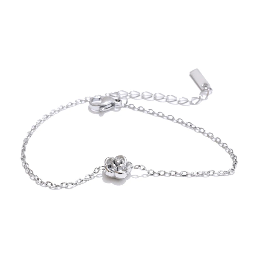 Yhpup Chic Stainless Steel Rose Flower Chain Necklace Bracelet Earrings Set Gold & Platinum PVD Waterproof Plated Daily Jewelry YH5507A P-Bracelet