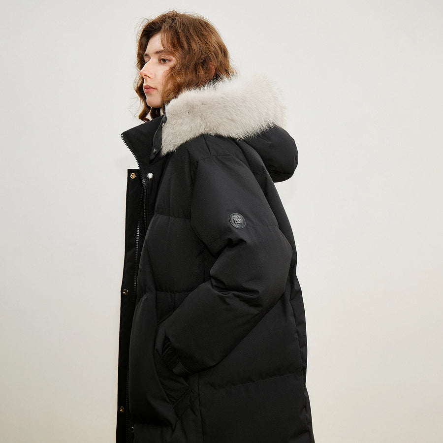 Casaco Puffer Feminino Midi com Capuz e Gola de Pelo