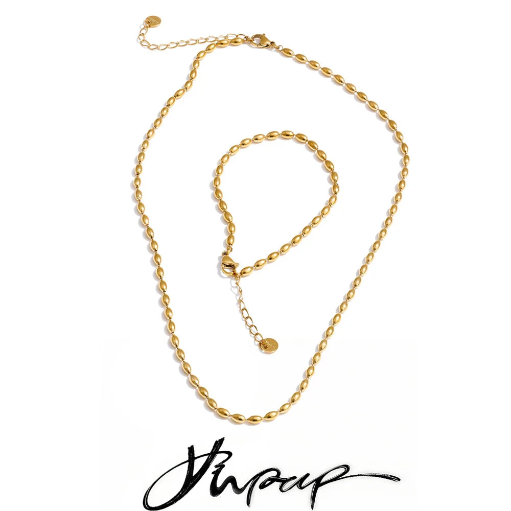 Yhpup Popular Stainless Steel Beads Chain Basic Necklace Bracelet Bangle Set 16K Gold Platinum Color PVD Plated Fashion Jewelry