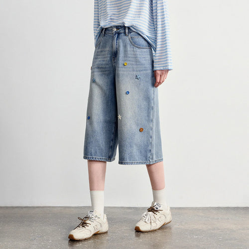 Calça Jeans Feminina Wide Leg Cropped com Botões Coloridos