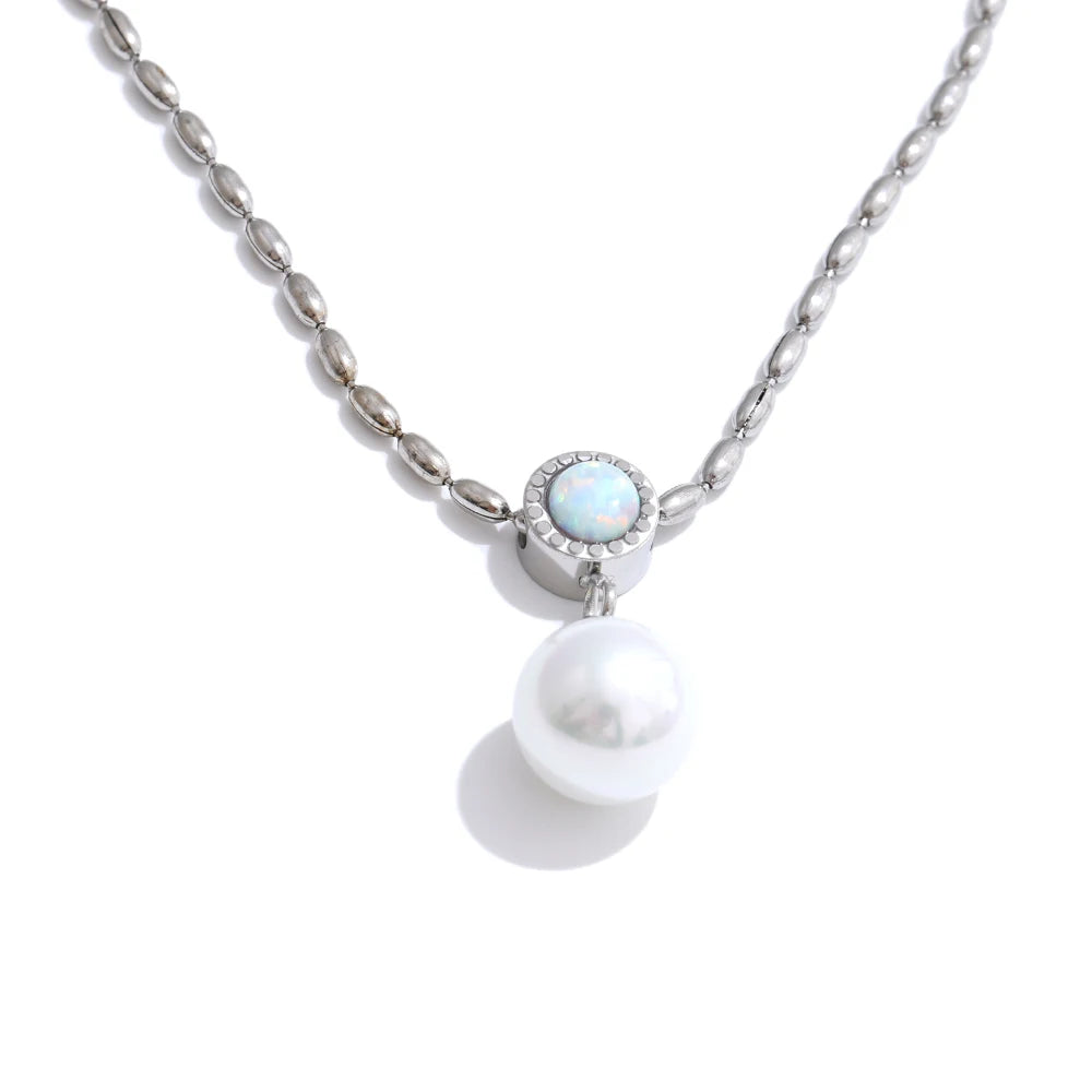 Yhpup New Korean Exquisite Australian Shell Stainless Steel Simulated Pearl Pendant Necklace Daily Versatile Chic Collar Jewelry YH171A Platinum