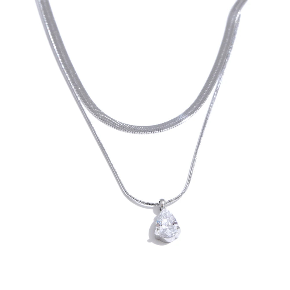 Colar Feminino de Camadas Gota com Zircônia em Aço Inoxidável 4 YH4958A Platinum