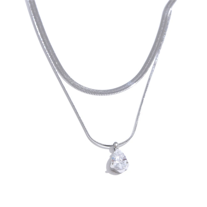 Yhpup Popular Stainless Steel Double Layer Snake Chain Stacking Necklace Pendant Water Drop Zirconia Collar Jewelry Party Gift YH4958A Platinum