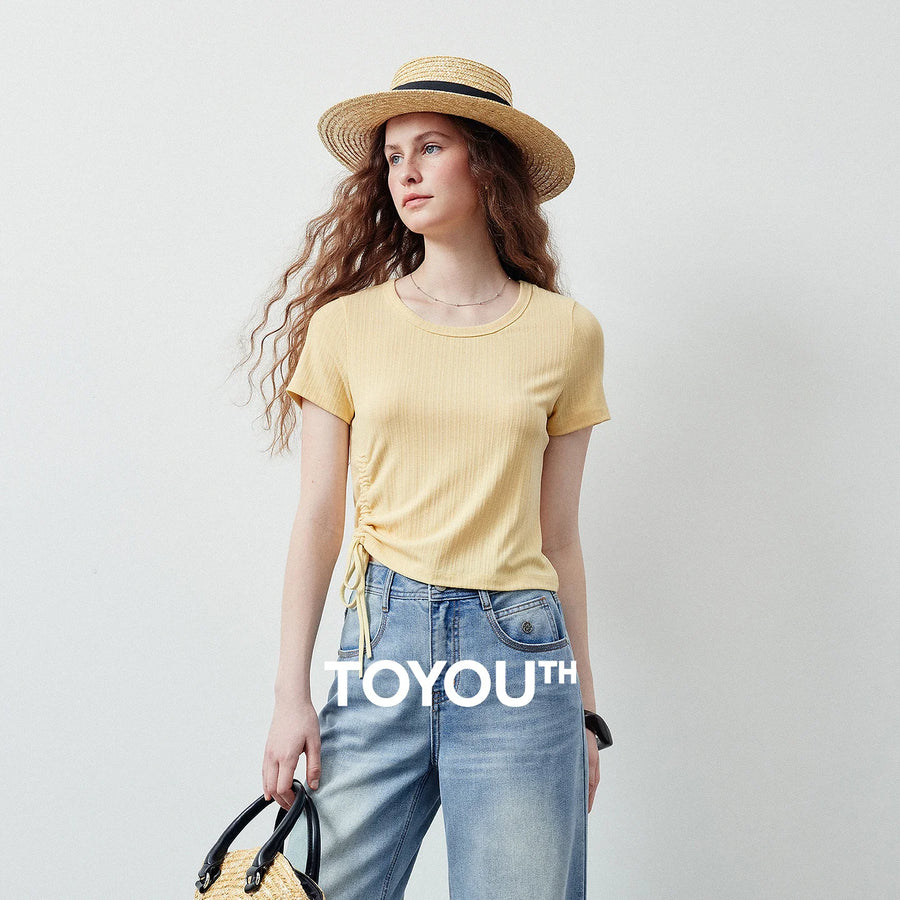 Camiseta Feminina Listrada Texturizada com Franzidos