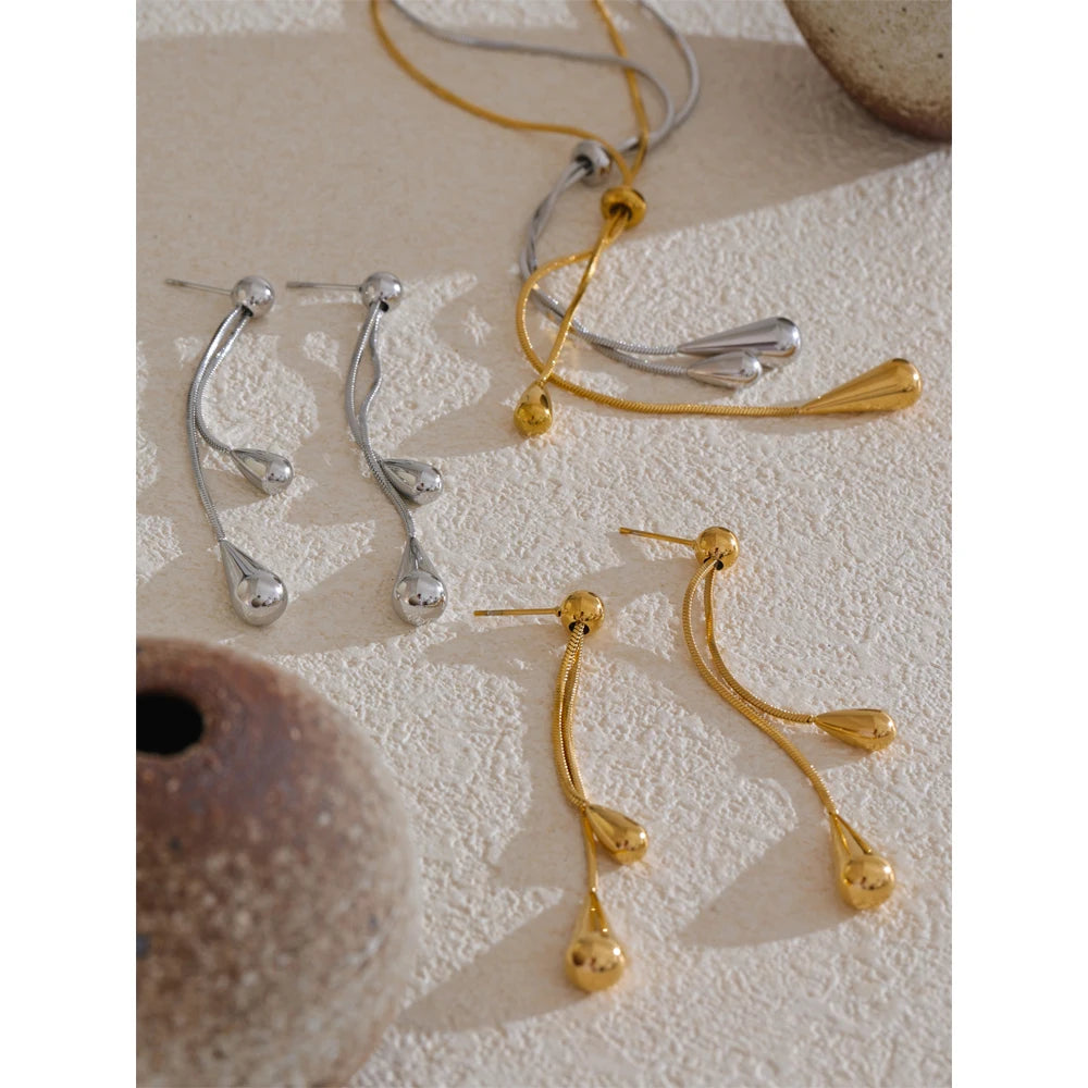 Yhpup Exquisite Stainless Steel Handmade Polished Chain Chest Necklace Water Drop Dangle Fashion Earrings Women Charm Jewelry