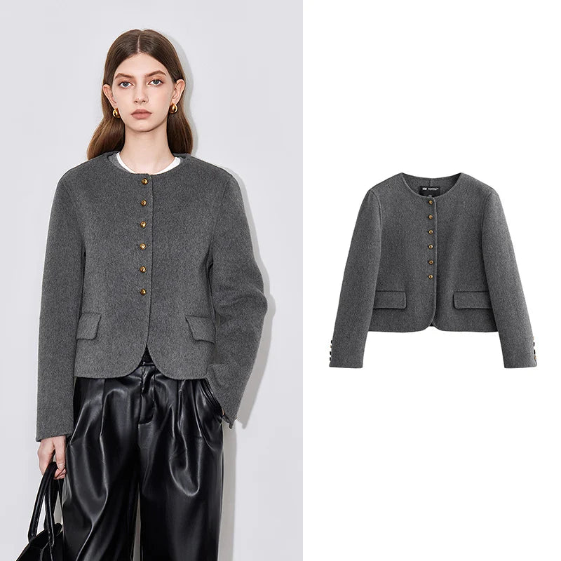 Casaco Feminino de Lã com Gola Redonda Cinza Dark Gray