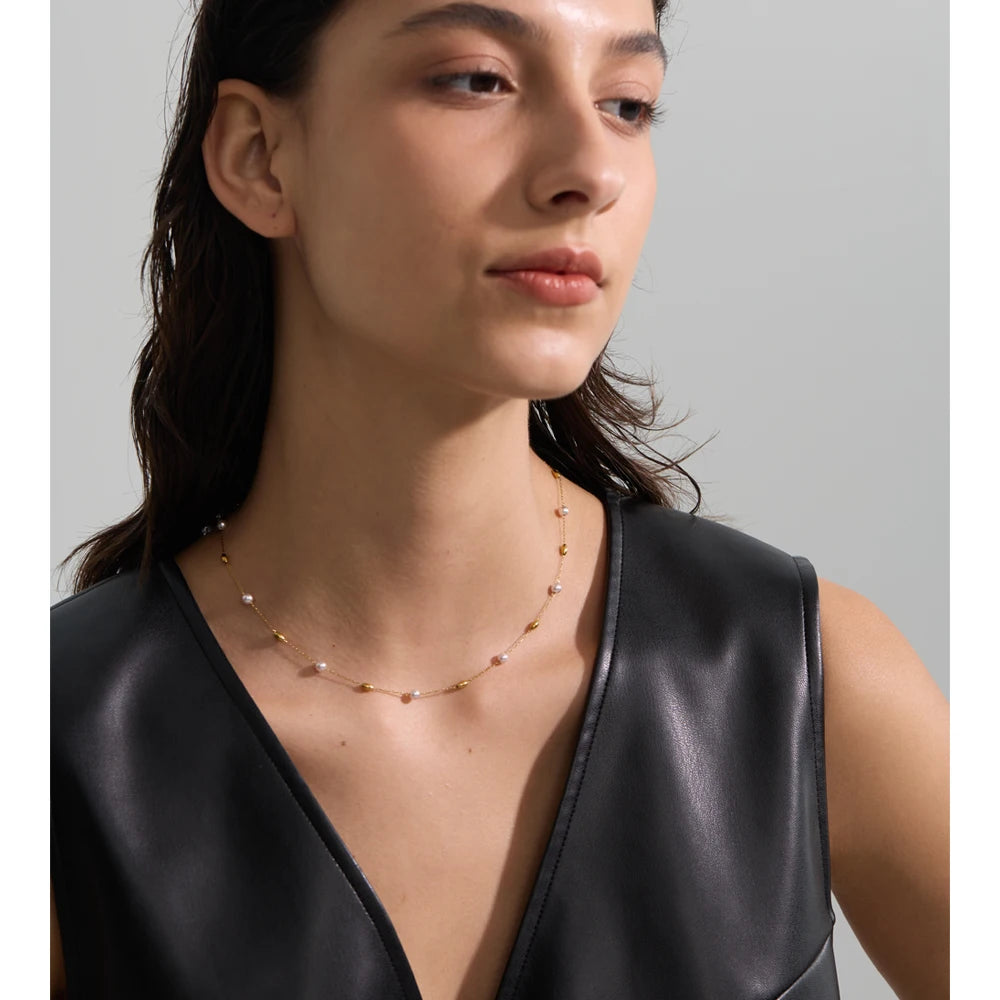 Yhpup Fashion Stainless Steel Simulated Pearls Bead Chain Necklace Tarnish Resistant 18K Golden Plated Collar Chic Neck Jewelry