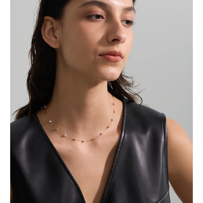 Yhpup Fashion Stainless Steel Simulated Pearls Bead Chain Necklace Tarnish Resistant 18K Golden Plated Collar Chic Neck Jewelry