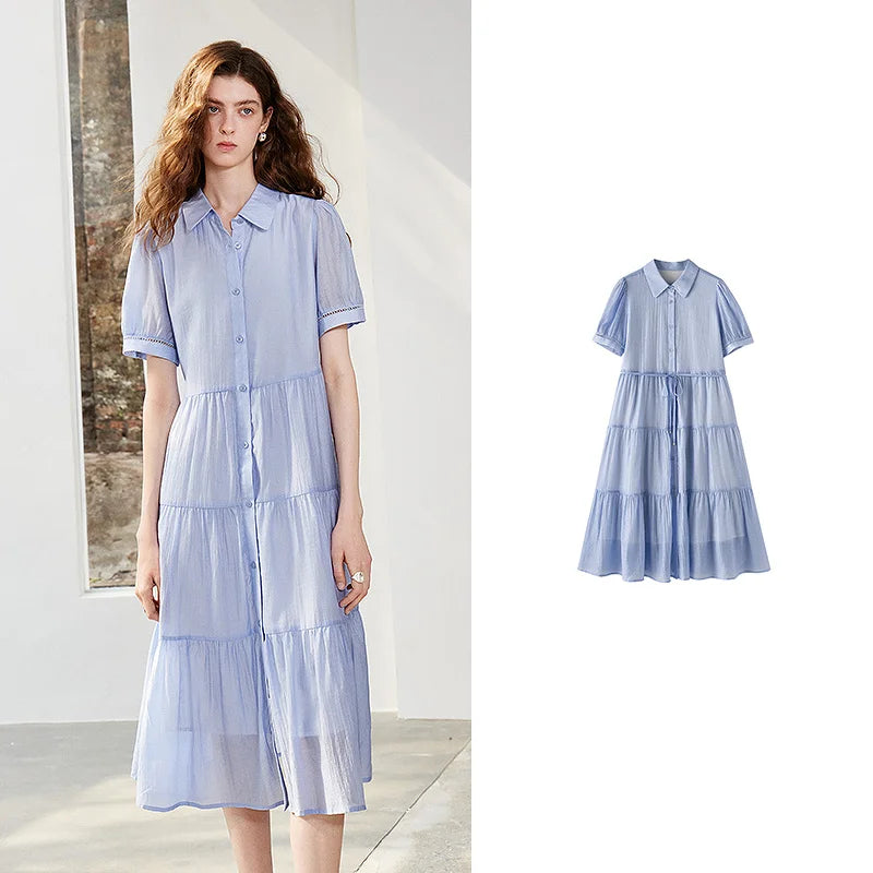 Vestido Midi Azul-Claro de Liocel com Botões Light Blue