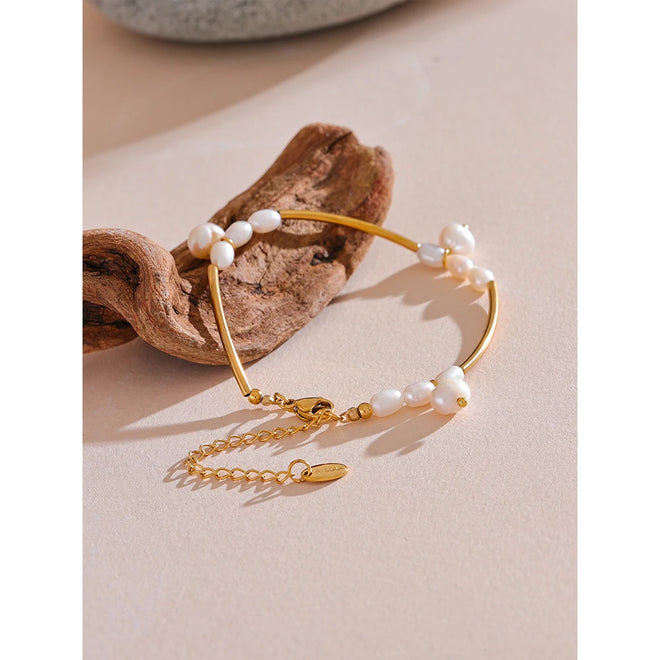 Yhpup Natural Freshwater Pearls Stainless Steel Pipe Handmade Necklace Bracelet Gold Color PVD Plated Fashion Jewelry Bijoux