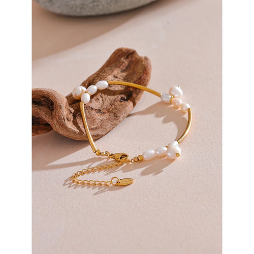 Yhpup Natural Freshwater Pearls Stainless Steel Pipe Handmade Necklace Bracelet Gold Color PVD Plated Fashion Jewelry Bijoux