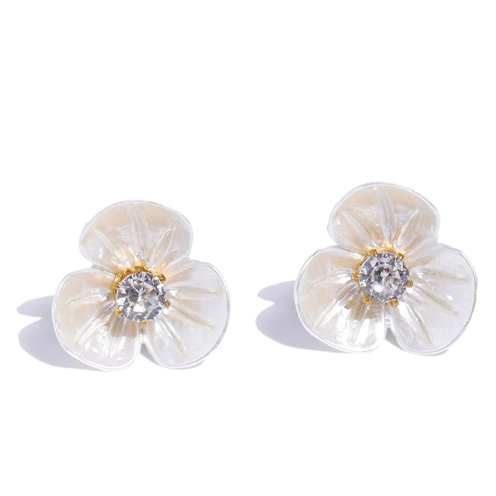 Yhpup Resin Zirconia Flower Sweet Stud Earrings for Women Stainless Steel Trending Daily Korean Fairy Jewelry Gift Bijoux Femme