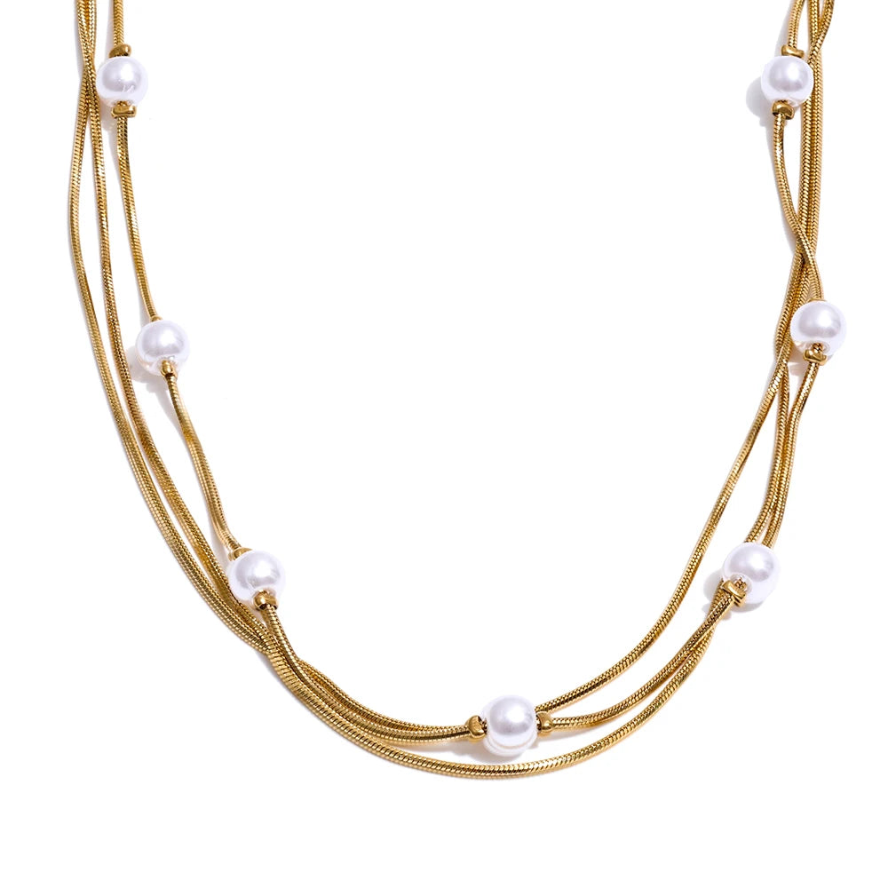 Colar Feminino de Camadas Quadrado com Pérola em Aço Inoxidável YH988A Gold