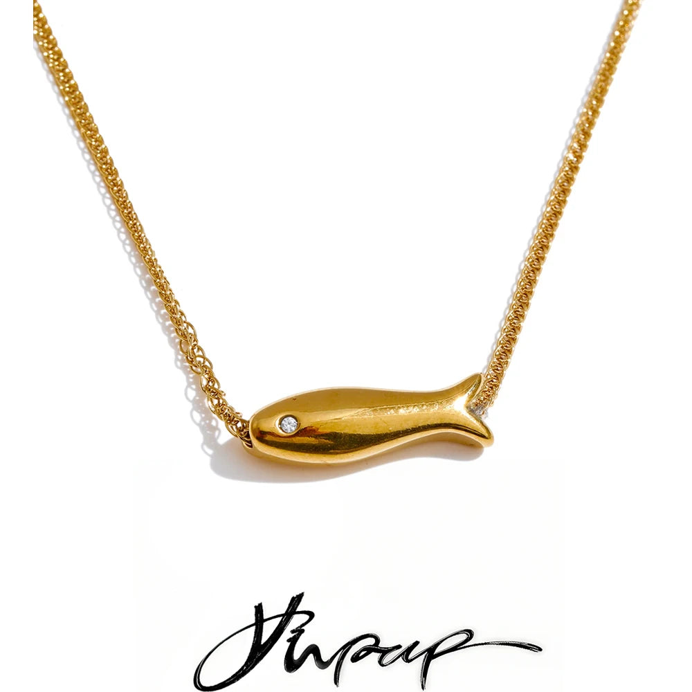 Yhpup Chic Stainless Steel Zircon Fish Pendant Necklace Gold & Platinum PVD Plated Waterproof Exquisite Jewelry Gift for Women