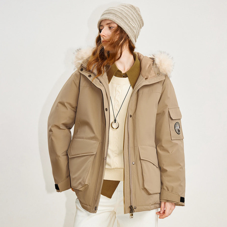 Jaqueta Puffer Feminina 90% Plumas com Capuz e Bolsos