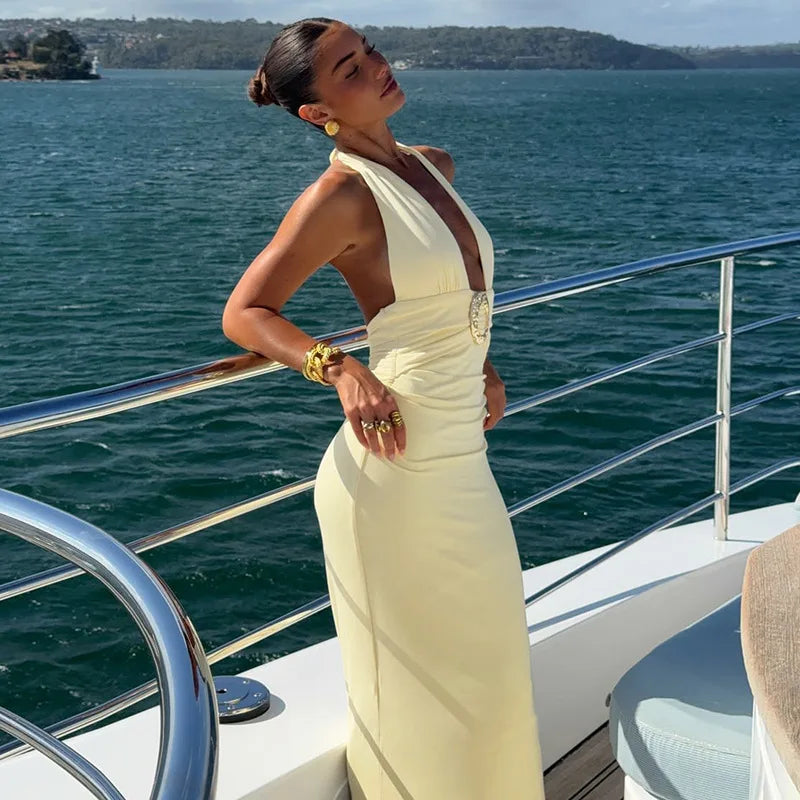 Elegant Women's Halter Curvy Long Dress V Neck Lace-up Backless Maxi Dresses Evening Wedding Guest Holiday Summer Yellow White
