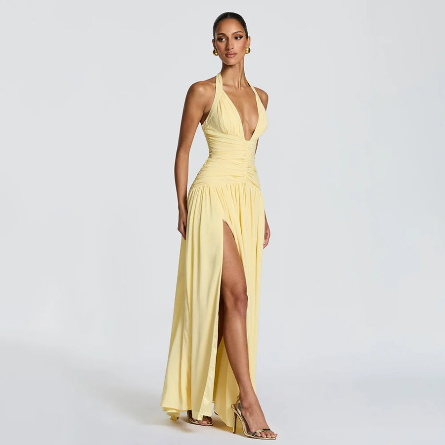 Vestido Longo Feminino Frente Única com Fenda Alta